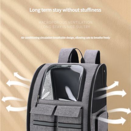 Grey Collapsible Pet Carrier Backpack with Trolley Sleeve.