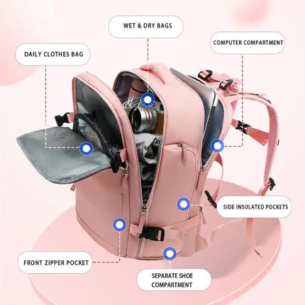 Multi-Compartment Travel Backpack with Shoe Storage and Wet-Dry Separation (Pink)31cm(L)*17cm(W)*42cm(H).