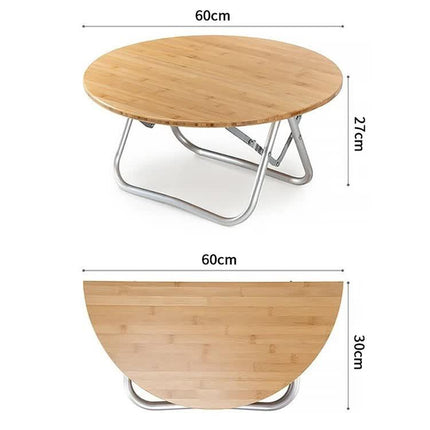 Portable Bamboo Folding Camping Table - Lightweight Round Table with Aluminum Alloy Frame for Outdoor Activities 60*60*27cm.