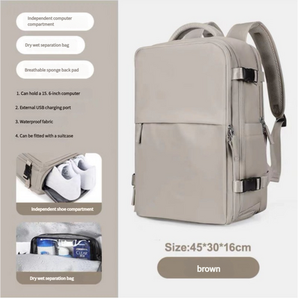 Water-Resistant Laptop Backpack with USB Charging Port and Wet-Dry Separation (Brown).