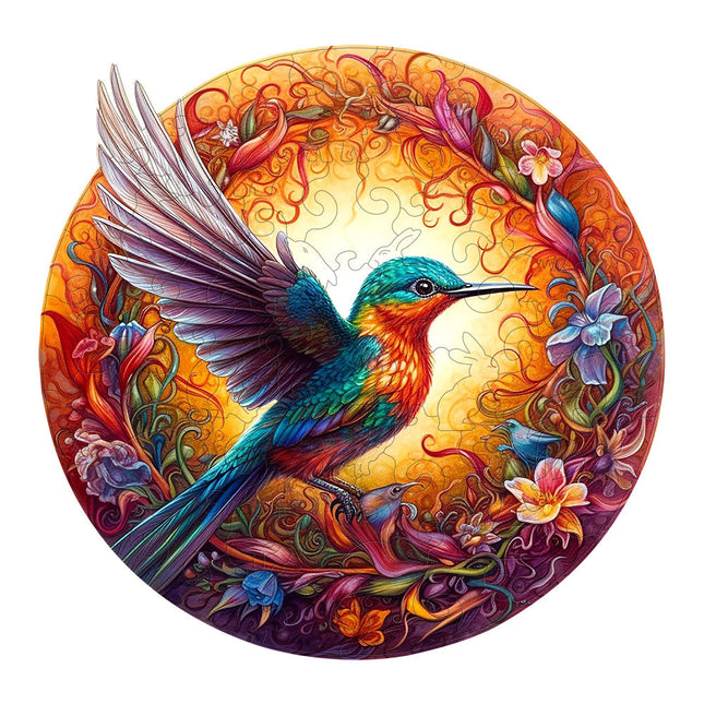 Round Hummingbird Wooden Puzzle - Vibrant Floral Design (M-paper box-H159).