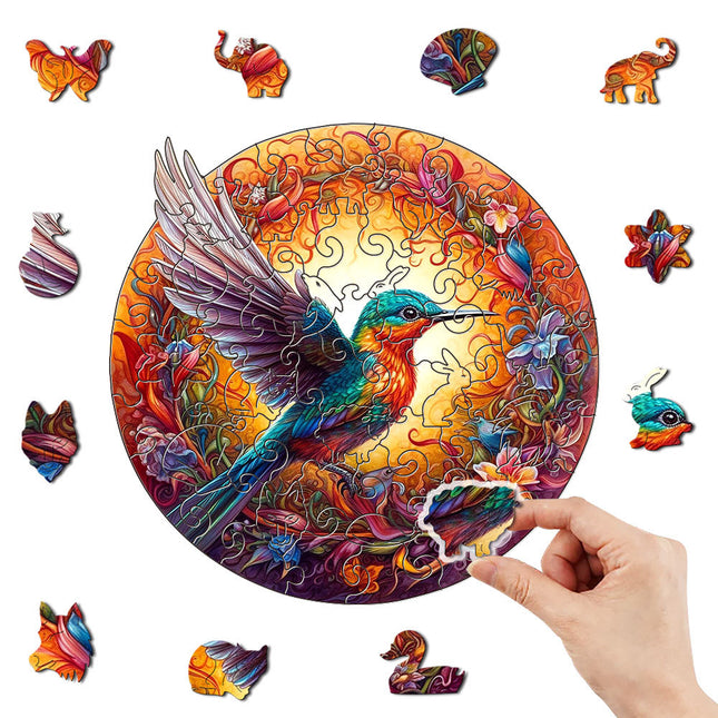 Round Hummingbird Wooden Puzzle - Vibrant Floral Design (M-paper box-H159).