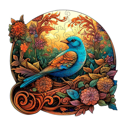 Colorful Bluebird Round Wooden Puzzle - Intricate Floral Art Design(L-paper box-H185).