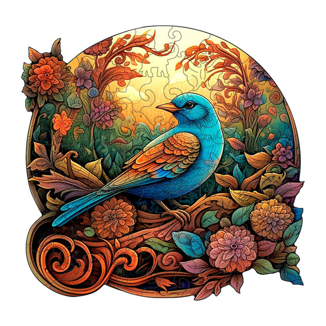 Colorful Bluebird Round Wooden Puzzle - Intricate Floral Art Design(L-paper box-H185).