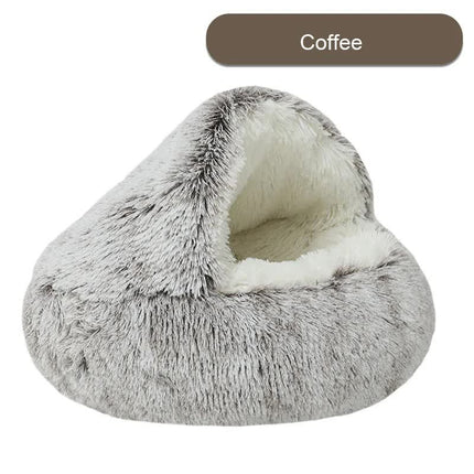 Cozy Coffee Plush Hooded Pet Bed - Ultra Soft Long Fur Cave Bed for Small Pets 50cm.