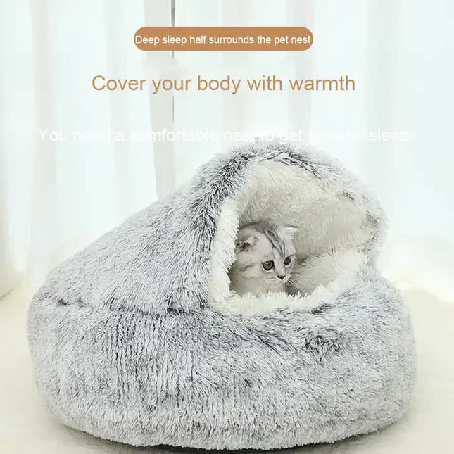 Cozy Coffee Plush Hooded Pet Bed - Ultra Soft Long Fur Cave Bed for Small Pets 50cm.