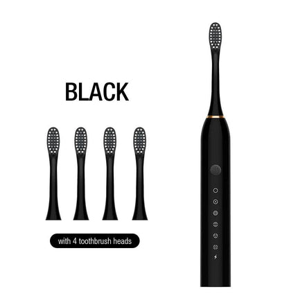 X-3 Sonic Electric Toothbrush, 4 Replacement Brush Heads, and USB Charging Cable - Sleek Black Design.