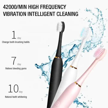 X-3 Sonic Electric Toothbrush, 4 Replacement Brush Heads, and USB Charging Cable - Sleek Black Design.