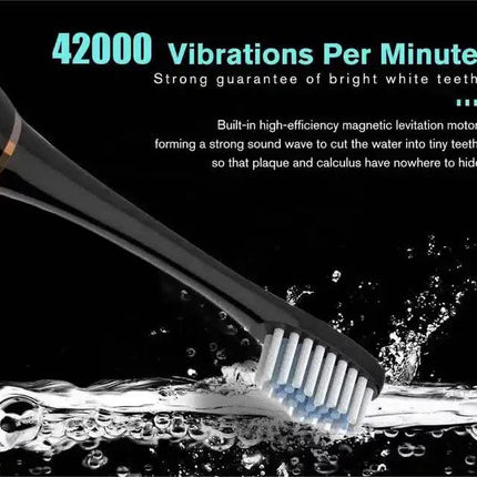 X-3 Sonic Electric Toothbrush, 4 Replacement Brush Heads, and USB Charging Cable - Sleek Black Design.