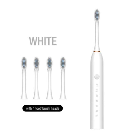 X-3 Sonic Electric Toothbrush, 4 Replacement Brush Heads, and USB Charging Cable - Sleek White Design.