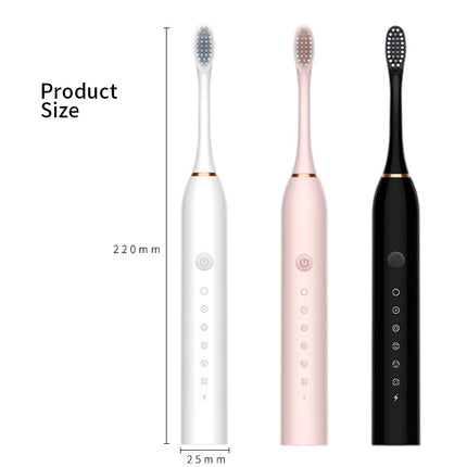 X-3 Sonic Electric Toothbrush, 4 Replacement Brush Heads, and USB Charging Cable - Sleek White Design.