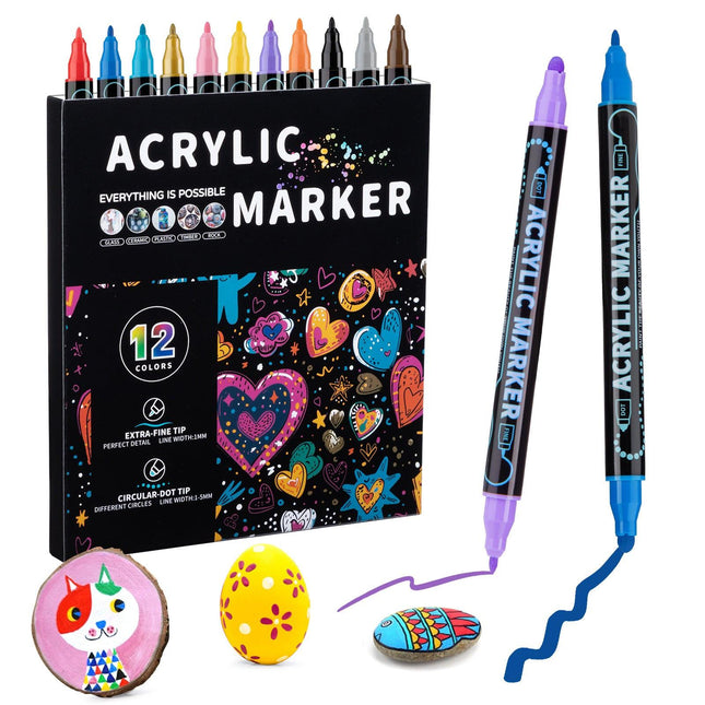 Dual-Tip Acrylic Marker Set - 1-5mm Round Tip & 1mm Fine Tip for Art and Craft Projects 12 colors.