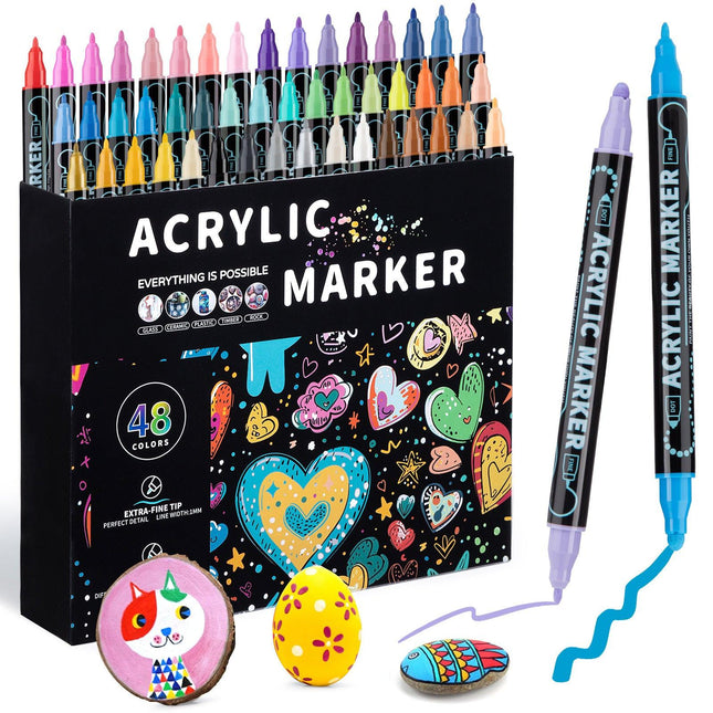Dual-Tip Acrylic Marker Set - 1-5mm Round Tip & 1mm Fine Tip for Art and Craft Projects 48 colors.