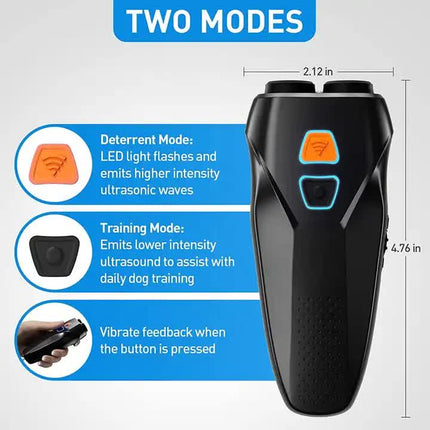 Black Handheld Ultrasonic Dog Trainer with Dual Mode | Training & Deterrent Device with LED Light.