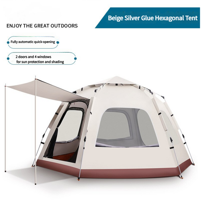 5-8 Person Hexagonal Camping Tent | Double-Layer Silver Coated Waterproof Shelter with Awning (280*280*158cm).