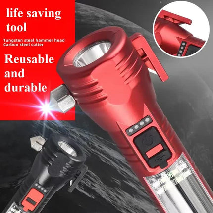 Multi-Functional Safety Flashlight– Rechargeable Waterproof Emergency Torch with USB Charging, High-Lumen for Outdoor and Survival Use (Red).