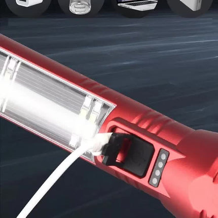 Multi-Functional Safety Flashlight– Rechargeable Waterproof Emergency Torch with USB Charging, High-Lumen for Outdoor and Survival Use (Red).