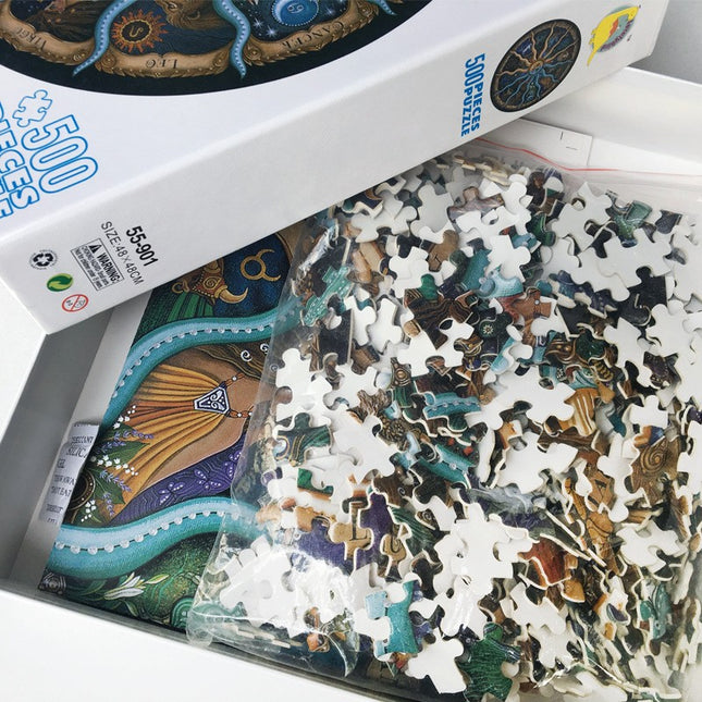 500 Piece Zodiac Circle Jigsaw Puzzle - Colorful Astrology Sun and Moon Jigsaw Puzzle for Adults and Kids.