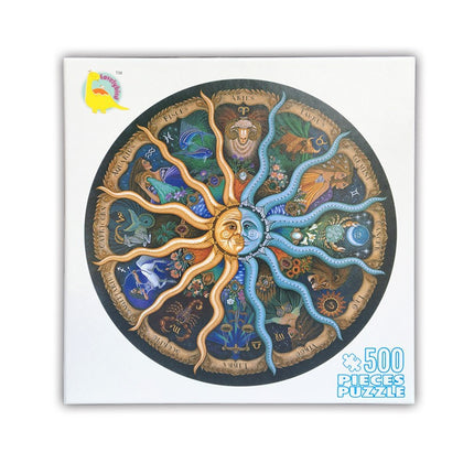 500 Piece Zodiac Circle Jigsaw Puzzle - Colorful Astrology Sun and Moon Jigsaw Puzzle for Adults and Kids.