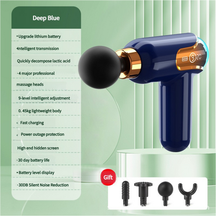 LC002 Deep Blue Portable Massage Gun - Deep Tissue Muscle Massager with 4 Heads and 9 Speed Settings.
