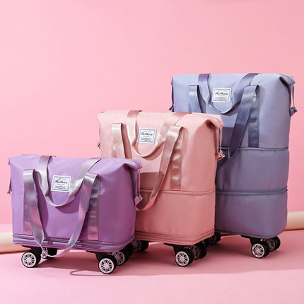 Dark Blue Large Capacity Foldable Travel Bags with Wheels - Lightweight Waterproof Duffel Totes.