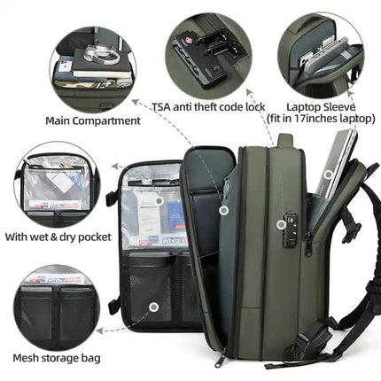Blue Expandable Waterproof Laptop Backpack - Fits 17-Inch Laptop, Anti-Theft Design, Travel Friendly.