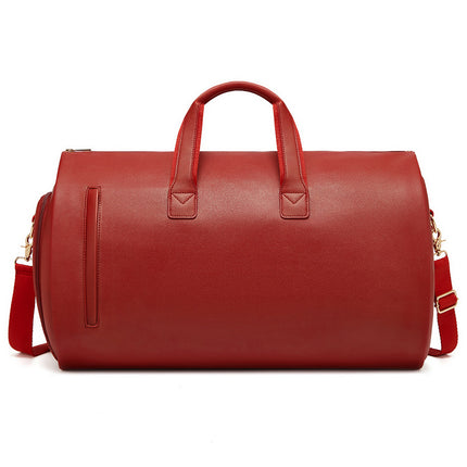 Red PU Leather Travel Duffel Bag - Large Capacity Waterproof Suit Bag with Shoe Compartment.