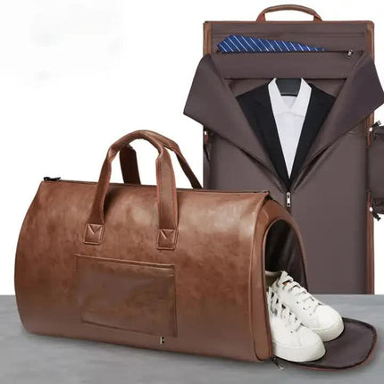 Red PU Leather Travel Duffel Bag - Large Capacity Waterproof Suit Bag with Shoe Compartment.