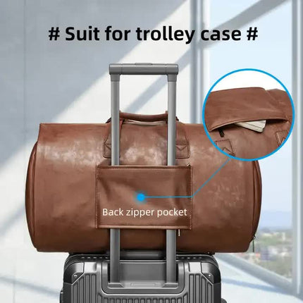 Red PU Leather Travel Duffel Bag - Large Capacity Waterproof Suit Bag with Shoe Compartment.