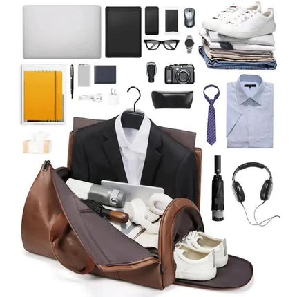 Red PU Leather Travel Duffel Bag - Large Capacity Waterproof Suit Bag with Shoe Compartment.