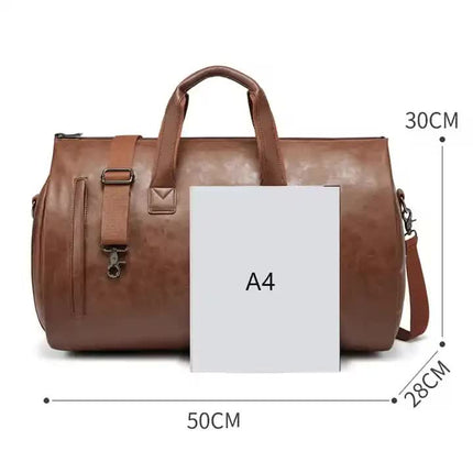 Red PU Leather Travel Duffel Bag - Large Capacity Waterproof Suit Bag with Shoe Compartment.