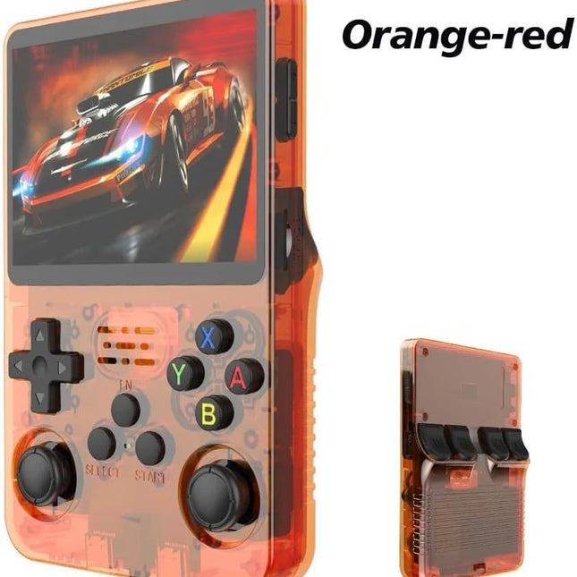 Orange-red Retro Portable Gaming Console with 128GB, 2 Memory Card - 3D Games, HD Display, and Dual Joysticks.