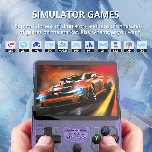 Blue Retro Portable Gaming Console with 128GB, 1 Memory Card - 3D Games, HD Display, and Dual Joysticks.
