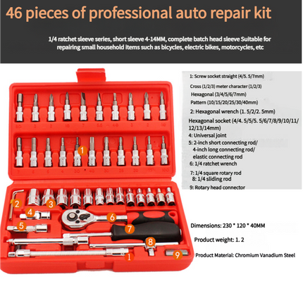 46-Piece Professional Socket Wrench Set - 1/4 Drive, Chrome Vanadium Steel, Ratchet & Bit Kit for Automotive and Household Repairs Green Box.
