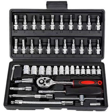 46-Piece Professional Socket Wrench Set - 1/4 Drive, Chrome Vanadium Steel, Ratchet & Bit Kit for Automotive and Household Repairs Black Box.