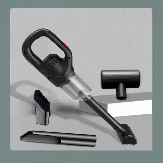 Black Portable Cordless Vacuum Cleaner - 120W, 10KPa Suction, 2000mAh Battery, Lightweight Design, with Soft Brush Attachment.