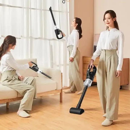 Black Portable Cordless Vacuum Cleaner - 120W, 10KPa Suction, 2000mAh Battery, Lightweight Design, with Soft Brush Attachment.
