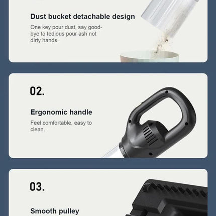 Black Portable Cordless Vacuum Cleaner - 120W, 10KPa Suction, 2000mAh Battery, Lightweight Design, with Soft Brush Attachment.