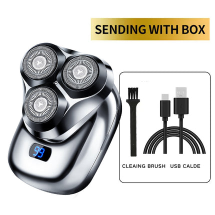 TS-099 Gray Rechargeable Electric Rotary Shaver for Men with LED Display, USB Charging Cable, and Cleaning Brush - Compact & Portable Design.