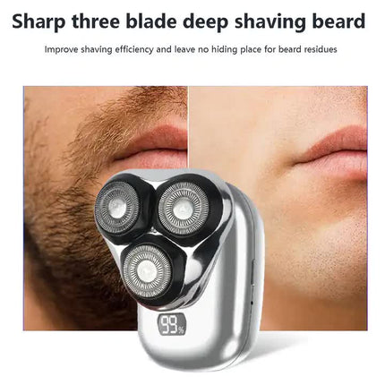 TS-099 Gray Rechargeable Electric Rotary Shaver for Men with LED Display, USB Charging Cable, and Cleaning Brush - Compact & Portable Design.
