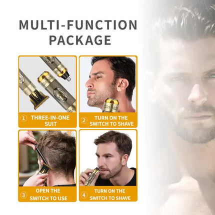 3-in-1 Professional Hair Clipper Set - Rechargeable Beard Trimmer, Nose Hair Trimmer, and Electric Shaver with USB Cable, Cleaning Brush, and Attachments.