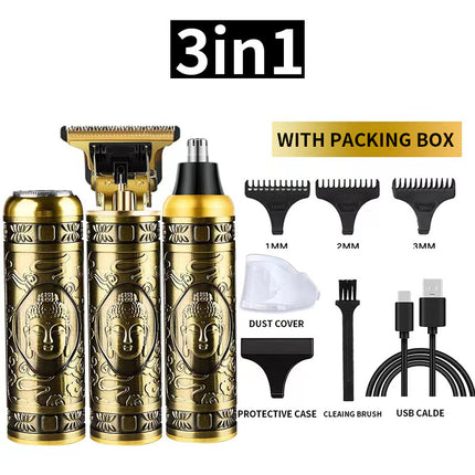3-in-1 Professional Hair Clipper Set - Rechargeable Beard Trimmer, Nose Hair Trimmer, and Electric Shaver with USB Cable, Cleaning Brush, and Attachments.