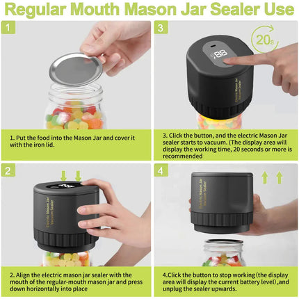 Portable Vacuum Sealer for Mason Jars,Regular Model KZ-80 (60 sec stop or manual stop) - Black Electric Food Preservation Machine with  LED Display.
