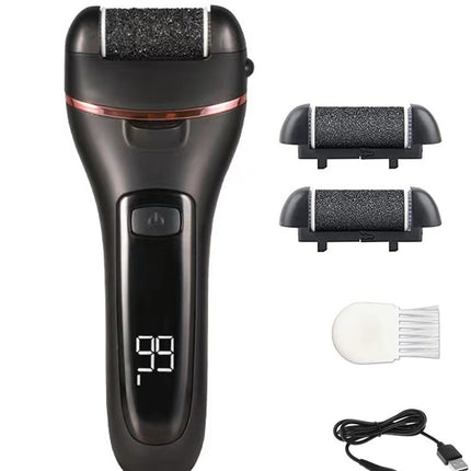 Black Rechargeable Electric Foot File Callus Remover with LED Display and USB Charging.