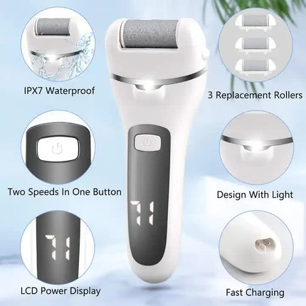 Black Rechargeable Electric Foot File Callus Remover with LED Display and USB Charging.