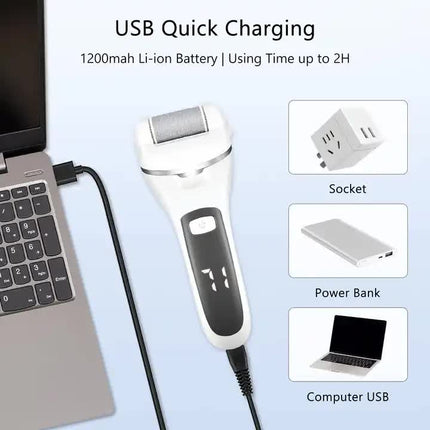 Black Rechargeable Electric Foot File Callus Remover with LED Display and USB Charging.