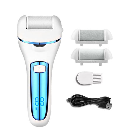 Blue Rechargeable Electric Foot File Callus Remover with LED Display and USB Charging.
