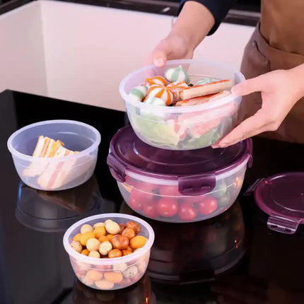 Purple Round Plastic Food Storage Containers Set - Microwave-Safe Bento Boxes with Airtight Lids for Kitchen and Fridge.