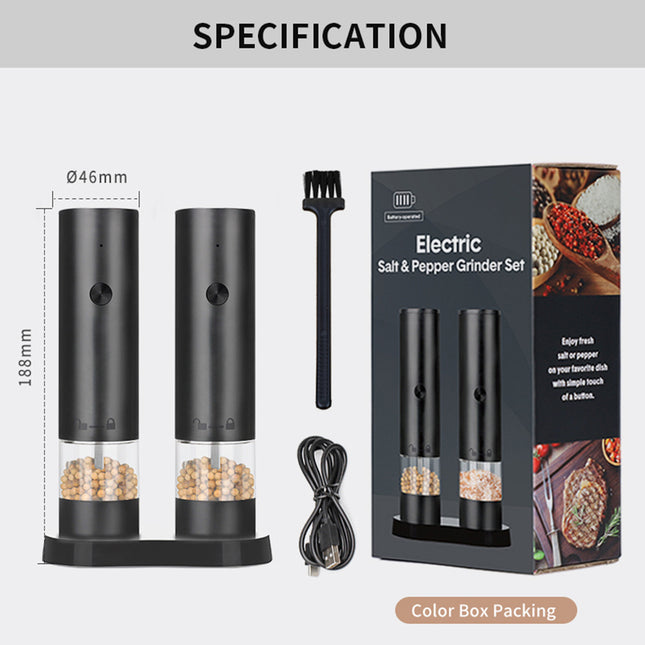 Rechargeable Electric Salt and Pepper Grinder Set (Includes Two Grinders) - Adjustable Ceramic Grinding Core with USB Charging.