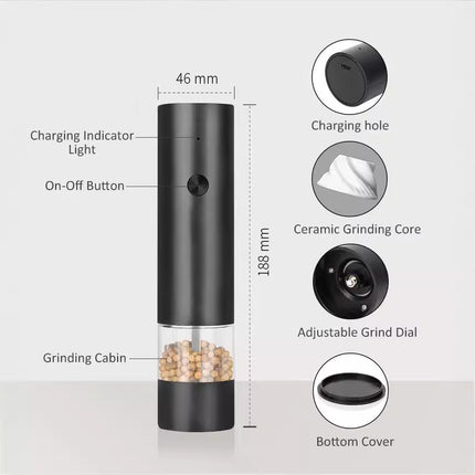 Rechargeable Electric Salt and Pepper Grinder Set (Includes Two Grinders) - Adjustable Ceramic Grinding Core with USB Charging.